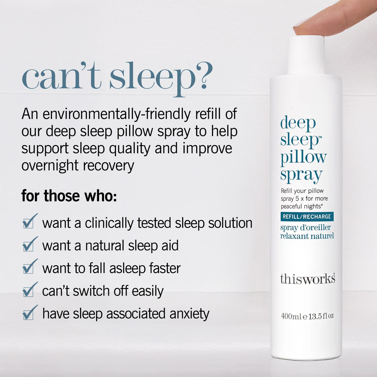 This Works Deep Sleep Pillow Spray bottle, 400ml, with headline 'Can't sleep?' and product benefits listed.