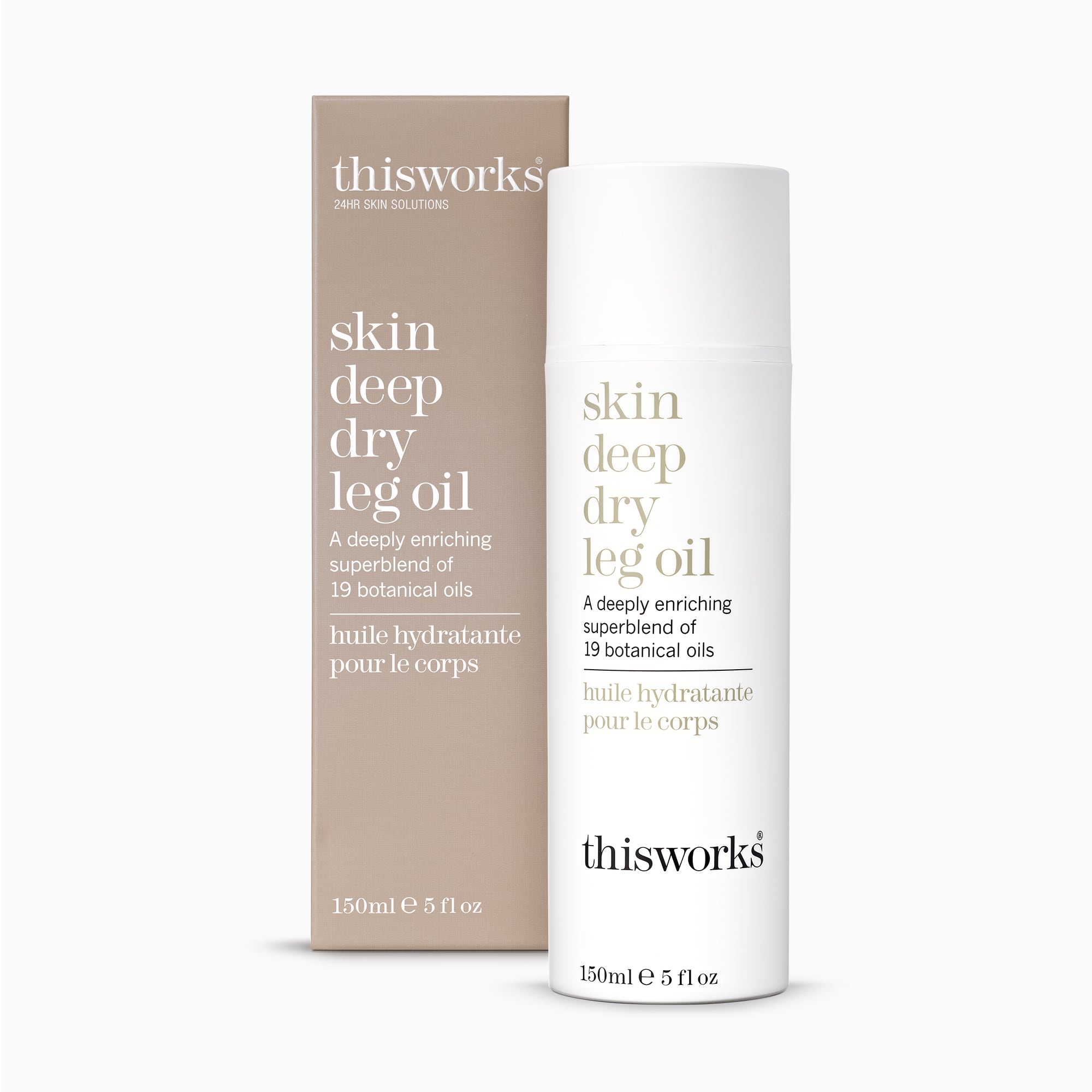 thisworks Skin Deep Dry Leg Oil bottle and box on a clean white background