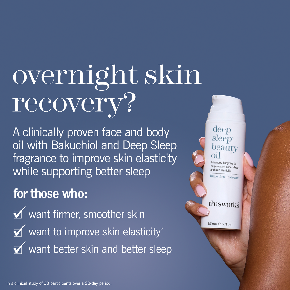 Hand holding This Works Deep Sleep Beauty Oil bottle against a blue background, with text reading 'Overnight skin recovery? A clinically proven face and body oil with Bakuchiol and Deep Sleep fragrance to improve skin elasticity while supporting better sleep.'
