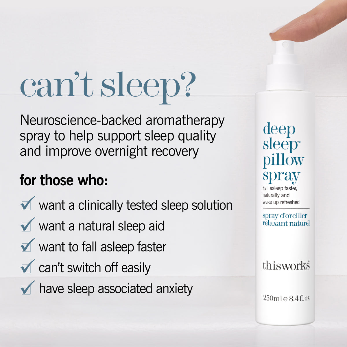 This Works Deep Sleep Pillow Spray bottle, 250ml, with headline 'Can't sleep?' and product benefits listed.
